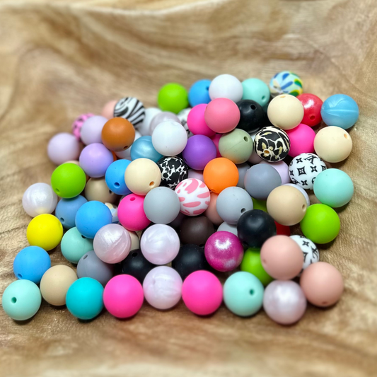 15MM ROUND SILICONE BEAD MIX PRINTED/SOLID-10PCS