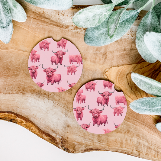 PINK HIGHLAND COW WESTERN COASTERS