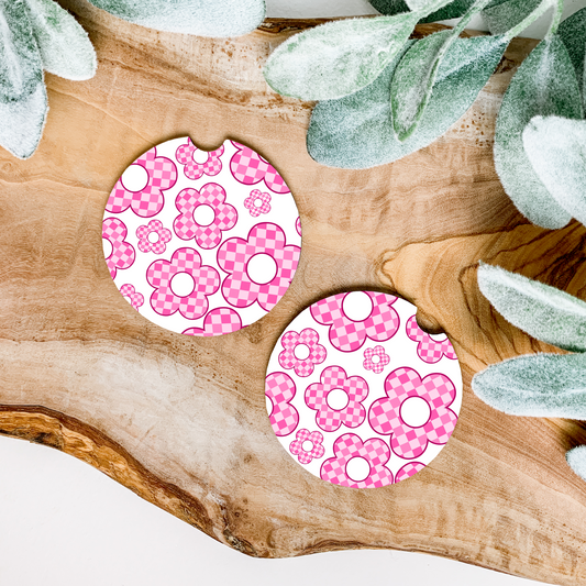 PINK PREPPY DAISY FLORAL CHECKERED COASTERS