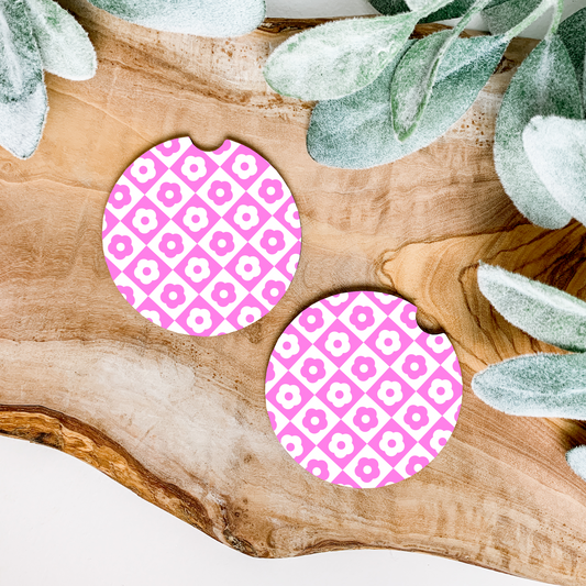 RETRO PREPPY PINK DAISY CHECKERED COASTERS