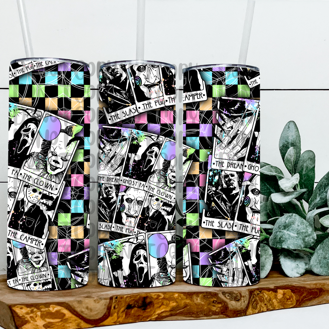 NEON PASTELS HORROR KILLERS TAROT CARD TUMBLER