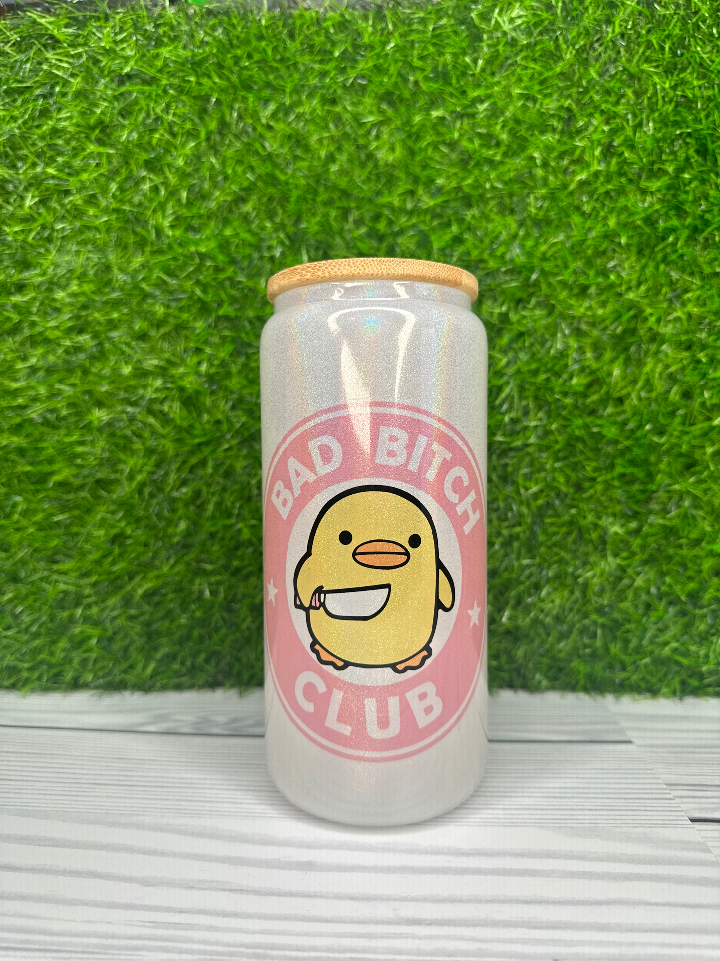 BAD BITCH CLUB DUCK MEME 20OZ SHIMMER GLASS CAN